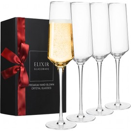 ELIXIR GLASSWARE Classy Champagne Flutes - 8 oz - Set of 4 Elegant Flute Wine Glasses - Hand Blown Crystal Champagne Glasses - Wedding Gifts for Couples, Engagement Gift, Housewarming Gifts