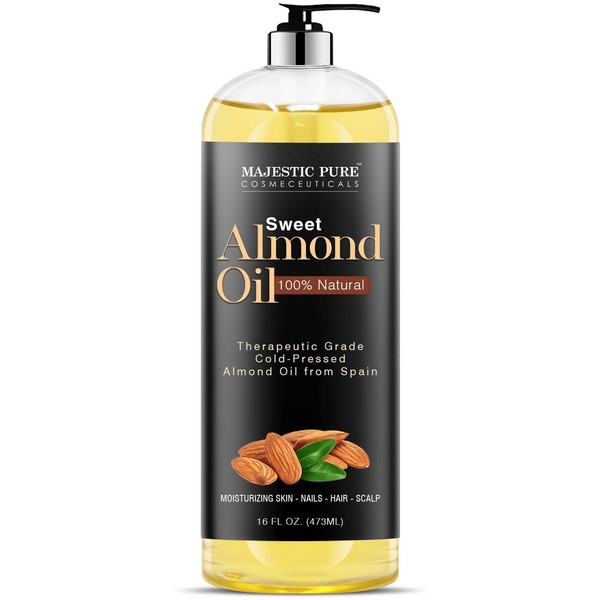 Majestic Pure Sweet Almond Oil, Triple A Grade Quality, Pure and Natural from Spain, Cold Pressed, (Packaging May Vary) - 16 fl. Oz