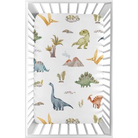 Sweet Jojo Designs Watercolor Dinosaur Dino Boy Fitted Mini Crib Sheet Baby Nursery Infant Newborn Bed Room Portable Pack n Play Mattress Green Slate Blue White Modern Jurassic Nature Animal Steel Tan