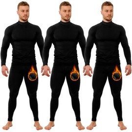 Patelai 3 Sets Thermal Underwear for Men Soft Fleece Lined Long Sleeve Base Layer Set Top Bottom for Cold Weather (Black,S)
