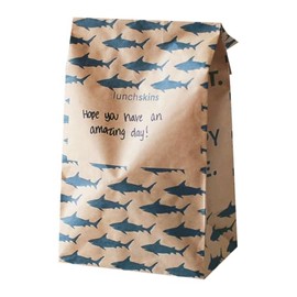 Lunchskins Recyclable Large Paper Lunch Sacs-Brown Paper Sacs With Note Area, Kraft Paper Shark Print Bags, Pack of 50