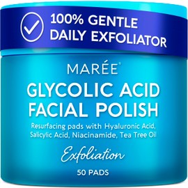 MAREE Glycolic Acid Pads - Toner Pads for Face Cleansing - Exfoliating Pad with Tea Tree Oil, Salicylic Acid & Vitamins E, B3, B5 - Acne Clearing, Skin Pore Resurfacing & Radiance Device - 50 Count