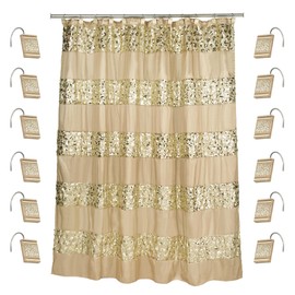 Zahari Home Zahari Home 13pc Sinatra Bathroom Shower Curtain Set - Gold Curtain & 12 Champagne Hooks - Luxury Fabric Bling Unique Beautiful Set