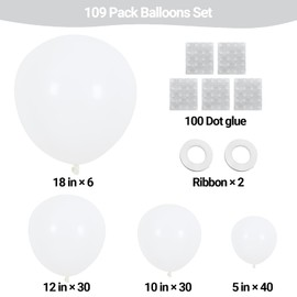 KALOR White Balloons 110 Pcs Different Sizes 18 12 10 5 Inch Latex Balloons Kit for Birthday Baby Shower Wedding Graduation Party Decorations