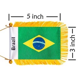 WXTWK 3 X 5 Inch Brazil Flag Brazilian Window Hanging Flag Small Mini Car Flags Banners Rearview Mirror Decoration With Suction Cup Golden Fringy Banner