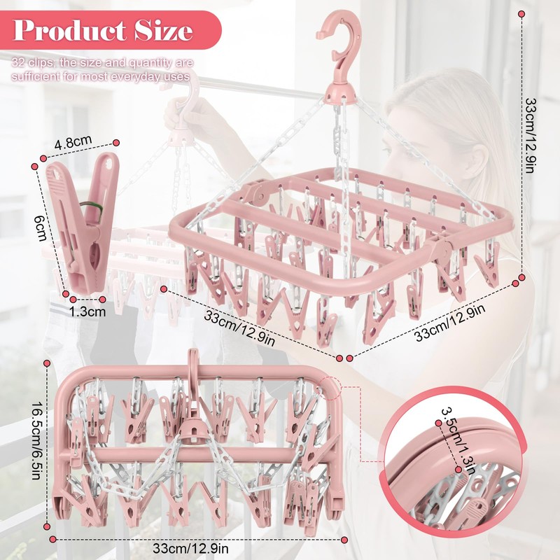 DDhayyp Clothes Drying Hanger with 32 Clips, Foldable Design Multi-Functional