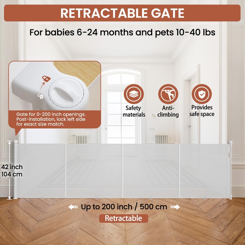 Retractable Baby Gates Extra Wide 200"W x 42"H Upgrade Reinforced