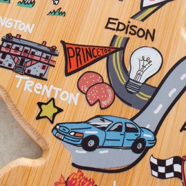Totally Bamboo New Jersey State Shaped Cutting Board and Charcuterie Serving Platter with Artwork by Fish Kiss, Includes Hang Tie for Wall Display