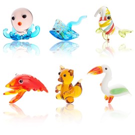 AHANDMAKER 6 Pcs Small Animals Figurines, 6 Styles Glass Animal Figurines for Table Home Decor, Bird Manta Ray Walrus Octopus Lobster Squirrel Glass Display Miniature for Anniversary Birthday Gift