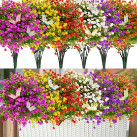 Luckinds 12 Bundles Outdoor Artificial Flowers with 6pcs Butterfly UV Resistant Artificial Flowers for Garden, Planters, and Outdoor Décor No Fade Fake Flowers