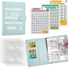 Antner 100 Envelopes Challenge Binder Money Savings Challenges Book to Save $5,050 and $10,000 and $500, A5 Money Saving Planner Cash Envelope Budget Binder, Mint Blue