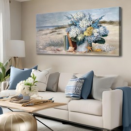 Coastal Blue Flower Wall Art for Living Room Beach Floral Canvas Print Modern Hydrangea Flowers Picture Ocean Theme Seascape Print Painting Hanging for Home Office Bedroom Dining Room 20x40inch