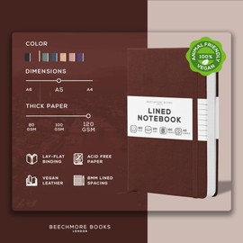BEECHMORE BOOKS Lined Journal Notebook, 5.8 x 8.3 inch, A5 160 Lined Pages, Hardcover Leather Journals for Women, Men, Writing and Notebooks for Work - 120 GSM Thick Paper, Gifts Box Included (Chestnut Brown)