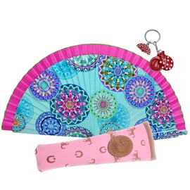 Planta Color Wooden Folding Fan with Printed Design – Set with Handcrafted Protective Case with Zipper and Keyring Souvenir – Handcrafted Case – Lightweight and Compact (Turquoise Fiesta)