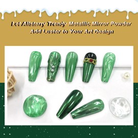 Allstarry Chrome Nail Powder, 2 Colors Metallic Effect Mirror Chrome Powder Pigment Manicure Magic Glitter Dust Kit for Gel Polish Nail Art Decoration with 2 Eyeshadow Sticks- Green