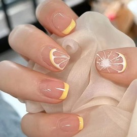 CharmBurst Pack of 24 Square Press On Nails Summer French False Nails Short with Lemon, Nails for Sticking, Glue-On Fingernails Artificial Nails