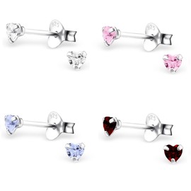 Tiny Love Heart Earrings with Crystal Stones Set of 4-925 Sterling Silver with Cubic Zirconia Stones (4 x Pairs)