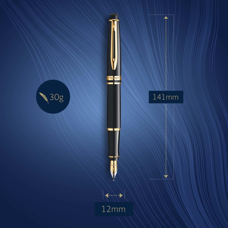 Waterman Expert Fountain Pen Gloss Black with 23k Gold Trim