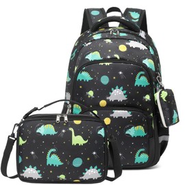 mygreen 3PCS Kids Backpack Set - Waterproof Bookbag with Lunch Box for Boys Ages 3-12, Adorable Cartoon Prints for School & Outdoor Use Black Dinosaurs