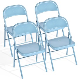 FurnitureR Folding Chairs Set of 4, Metal Foldable Side Chairs, Portable Stackable Commercial Seat with Steel Frame 350lb. Capacity, Indoor Outdoor for Parties, Home, Office, Blue