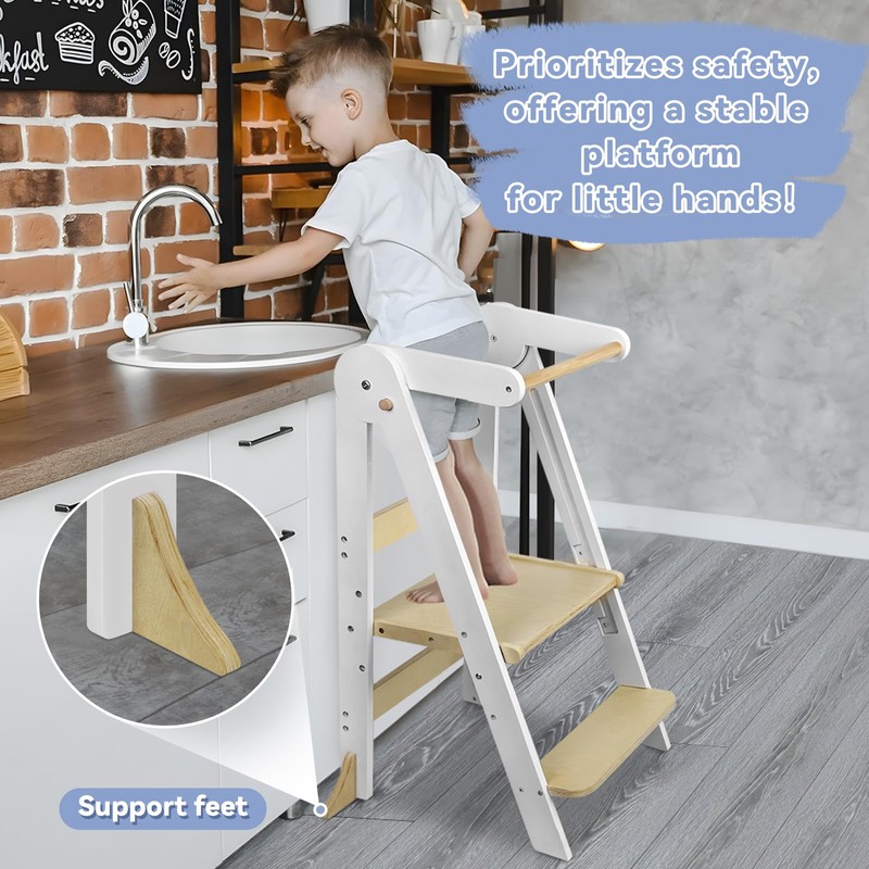 Foldable Toddler Kitchen Tower with Safety Rail, 3-Level Height Adjustable