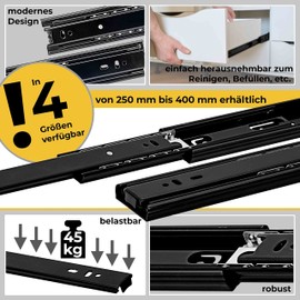Full Extension Drawer Runners 300 mm 1 Pair (2 Pieces) Black 45 mm Ball Extension Drawer Runners for Drawers Telescopic Rails Rail System Load Capacity 45 kg NEUHALL