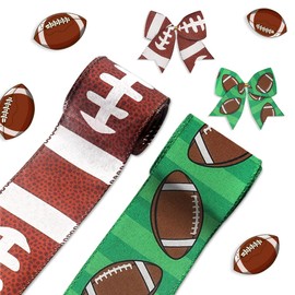 Hying 2 Rolls Football Ribbons for Wreath Bows, Sports Rolls Ball Wired Edge Ribbons Brown Green Burlap Ribbon Football Craft Ribbons for Gift Wrapping Football Celebration Party Ornaments