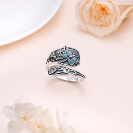 Ladytree S925 Sterling Silver Oxidized Dragonfly Ring Size 7 - Vintage Boho Adjustable Thumb Ring with Created Turquoise Lotus Engraved Victorian Antique Floral Jewelry Gifts for Women