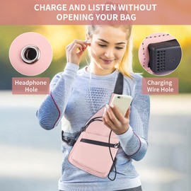 Small Crossbody Bag for Women Men, Shoulder Bag with USB Charging Port and Headphone Hole, Sling Backpack, Waterproof Fanny Pack, Chest Bag, Anti Theft Hiking Bag for Travel Camping Biking(Pink)