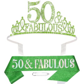 Hapdoo Green 50th Birthday Decoraions for Women, 50th Birthday Sash and Crown Happy 50 and Fabulous Tiara and Sash Set Birthday Decorations