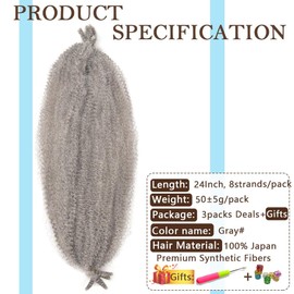 Afro Twist Hair Pre Separated Springy Afro Twist Hair Pre stretched Wrapping Hair for Soft Locs Afro Spring Twist Hair Marley Twist Braiding Hair Extensions(24 Inch (Pack of 3),GRAY#)