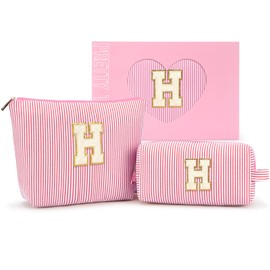 mibasies 2 PCS Initial Makeup Bags for Women: Cosmetic Bag for Travel Toiletry - Birthday Gifts for Girls Sister Wife Friend Daughter - Preppy Teen Girl Gifts Trendy Stuff - Pink H