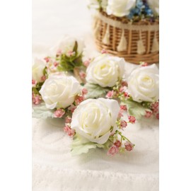 YSUCAU White & Pink Rose Corsage and Men Boutonniere Set for Wedding Ivory Corsages Wristlet Band Bracelet for Wedding Flowers Accessories Prom Suit Decorations