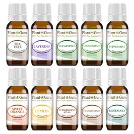 Essential Oil Set 10-10 ml. Therapeutic Grade 100% Pure Cedarwood, Eucalyptus, Frankincense, Lavender, Lemon, Lemongrass, Sweet Orange, Peppermint, Rosemary, Tea Tree for Skin, Body, Hair, Diffuser