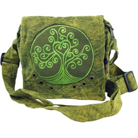 GURU SHOP Ethno Shoulder Bag, Nepaltsche Stonewash 'Tree of Life', Petrol, Unisex, Adult, 20 x 20 x 15 cm, Green, Unit size