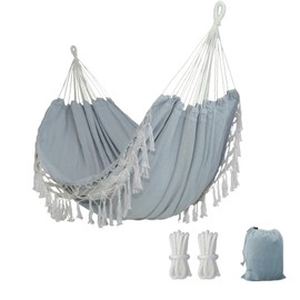 Double Boho Macrame Hammock with Elegant Tassels for Patio, Yard, Beach Wedding Decor, Outdoor and Indoor Up to 450lbs Include Tie Ropes and Drawstring Bag
