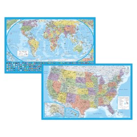 2 Pack - Laminated World Map Poster & USA Map Set - Equal Earth world map design shows continents at true relative size - US Map 18” x 29” [Light Blue]