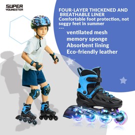 SUPER YOUNGSTER Adjustable Inline Skates for Boys Girls Ages 4-12 with Light Up Wheels, Roller Skates Blades for Youth Kids Indoor & Outdoor Beginners