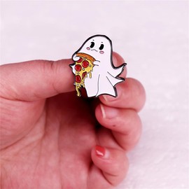 Ghost Holding Pizza Enamel Pin Cartoon Ghost Apparition Brooch Pin Mental Badge Funny Scary Brooch Jeans Bag Decor Craft Shirt Collar Pin Fashion Jewelry Festival Gift for Boys Girls Women Men