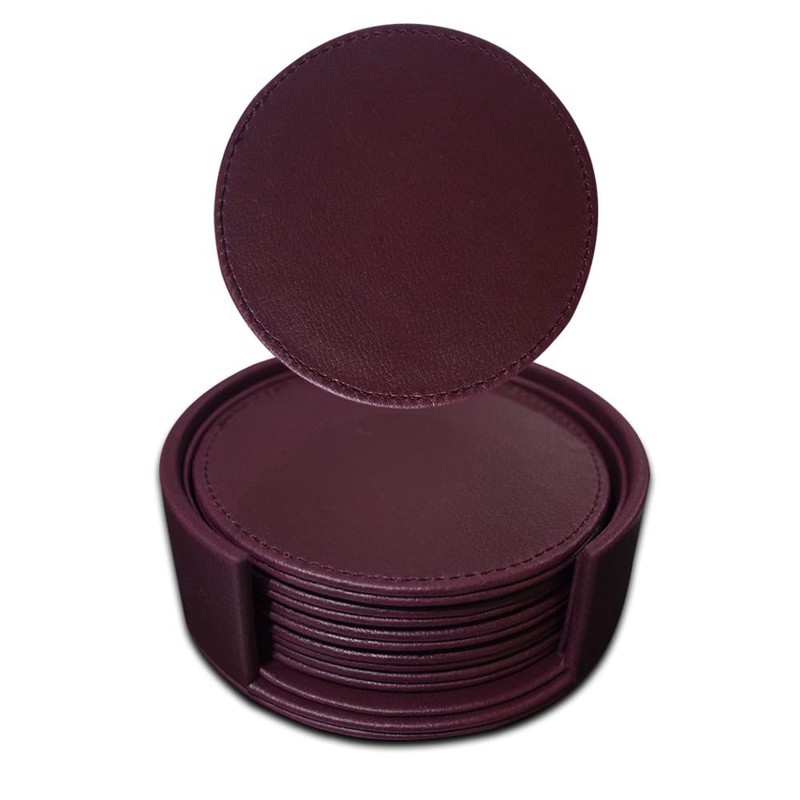 Faux leather round Tea Coasters with cover, pack of 6