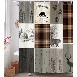 bzwcbei Rustic Cabin Bear Deer Shower Curtain, Country Grey Plaid Shower Curtain Set for Bathroom, Farmhouse Forest Nature Fabric Shower Curtain Restroom Bathtub Decor Accessories with Hooks (48x70)