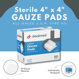 Dealmed 4’’ x 4’’ Sterile Gauze Pads (100 Count) Disposable and Individually Wrapped Medical Gauze Pads, Wound Care Product for First Aid Kit and Medical Facilities (Case of 12)