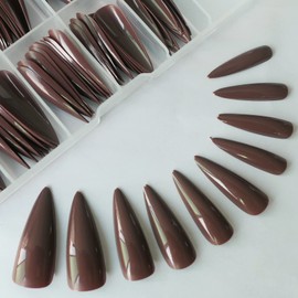 Extra Long stiletto Glossy Fake Nail 100 PCS Full Cover Acrylic Press on Nails Art Tips False Nail for Beginner Women and Girls Manicure (Dark Coffee)