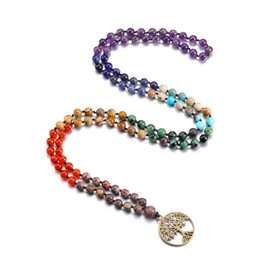 PiercingJak Mala Necklace 108 Beads Prayer Chain with Tree of Life Charm Pendant 6 mm Natural Stone Chakra Pearl Necklace for Men Women Necklace Buddhism Healing Reiki Yoga Jewellery Spiritual Gifts