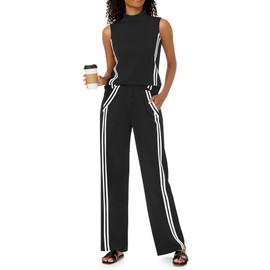 Casly Lamiit 2 Piece Outfits for Women Matching Sets Trendy Summer Clothes Mock Neck Vest Sweatpants With Pockets Travel Stripes Loungewear Black M