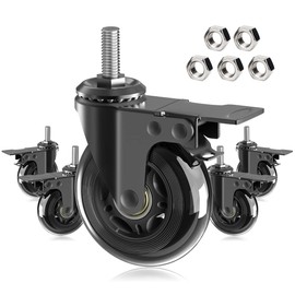 MALLLALA 5 Pack 3" Caster Wheels with Safety Dual Locking,Heavy Duty English 3/8"-16 UNC Bolt,Rubber Castors with Brakes,Threaded Stem Mount,360 Degree Swivel,Protection of Hardwood,Carpet,Tile Floor