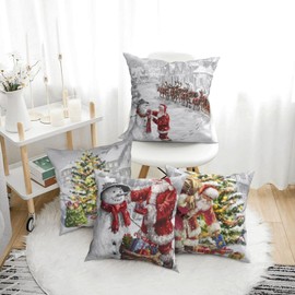 AMZQJD Pack of 4 cushion covers, Christmas element style pattern, decorative cotton linen cushion covers (40 x 40 cm, White Christmas)