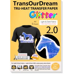 TransOurDream Glitter 2.0 Iron on Heat Transfer Paper for T Shirts (5 Sheets, A4) DIY Gifts Printable Heat Transfer Vinyl for Inkjet Printer Iron On Transfers for T Shirt