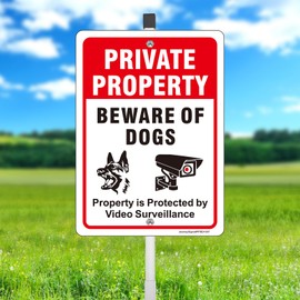 Private Property Beware of Dog Sign,Property is Protected by Video Surveillance Sign, 28" x 7" Reflective Aluminum with 28" tall Metal adjustable Stake Kit, Fade Resistant, UV Protected, Easy to Mount
