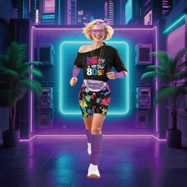 80s Outfit Women Costume Accessories Set T Shirt Shorts Tutu Skirt Neno Party Leg Warmers Headband